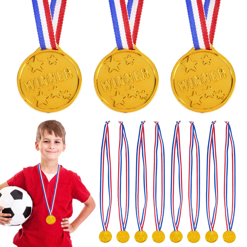 

10pcs Gold Winners Medals Plastic Kids Game Mini Sports Award Trophy Toys for Kids Birthday Party Favors Rewards Pinata Fillers