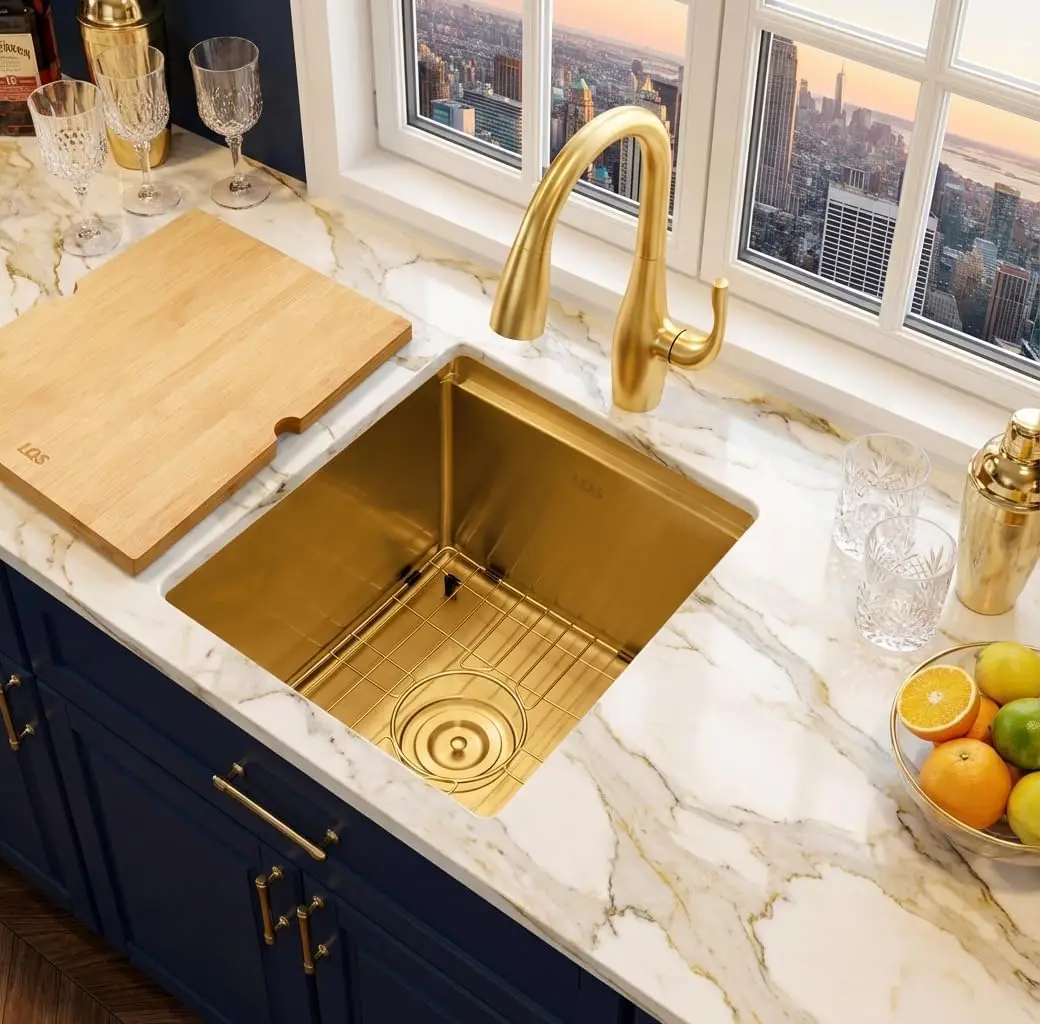 

Gold Undermount Bar Sink 15x17 Inch Deep Basin Stainless Steel Brushed Finish for Kitchen RV Outdoor