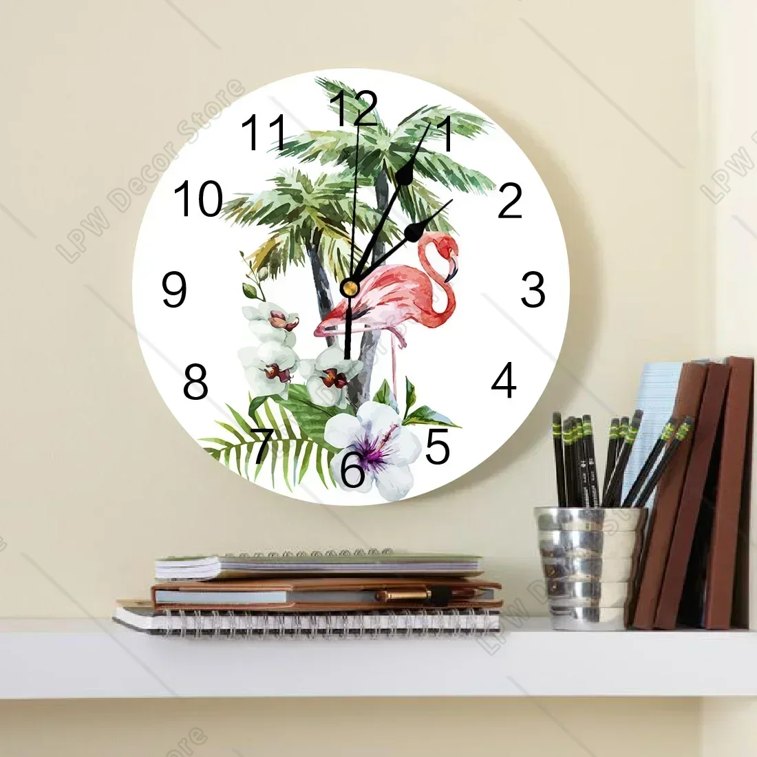 Flamingo Flower Tree Watercolor Decorative Round Wall Clock Custom Design Non Ticking Silent Bedrooms Large Wall Clock