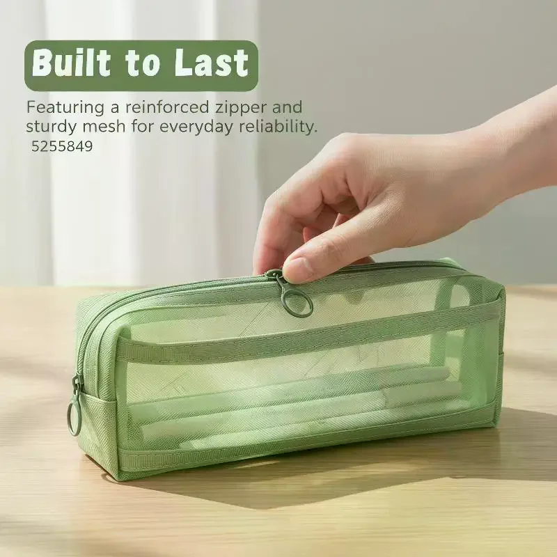 Double Zipper Compartments Transparent Mesh Surface For Students School Office Stationery Storage Multi Color Mesh Pencil Pouch