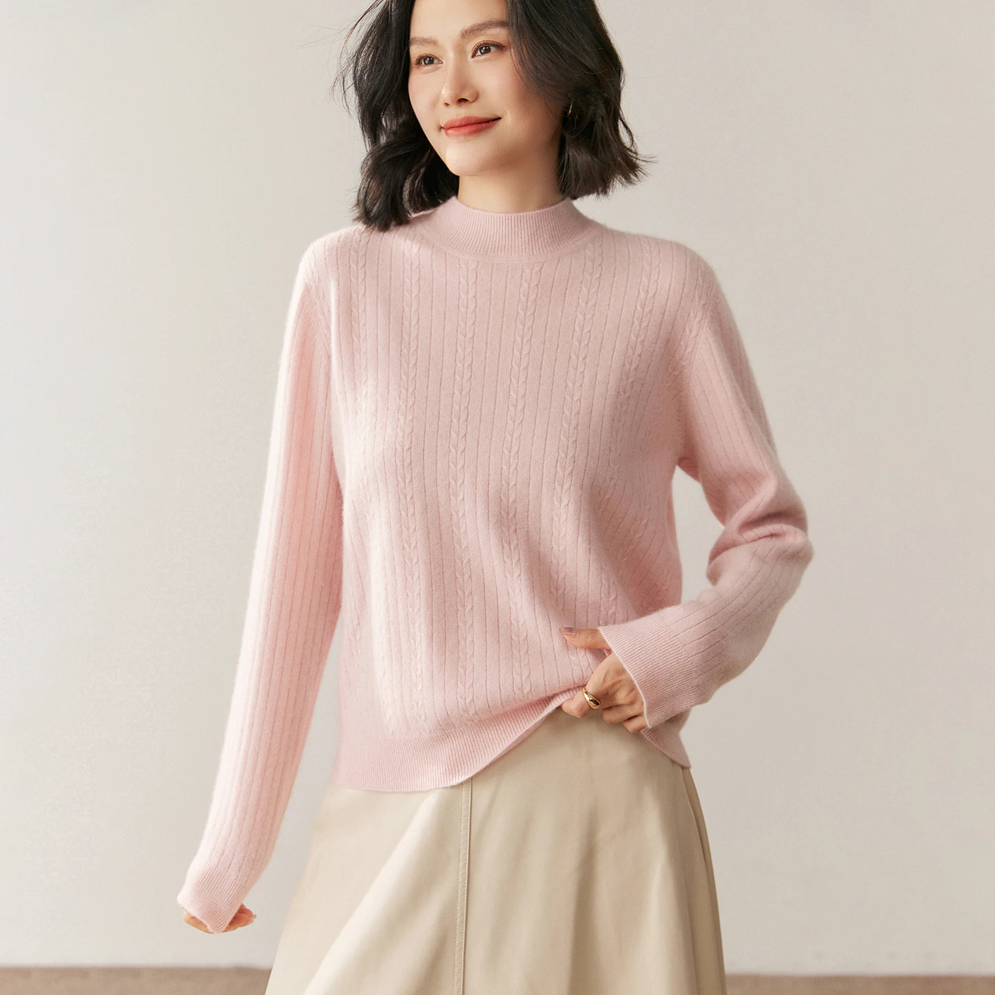 

Autumn Winter Light Luxury Women's 100% Cashmere Mock Neck Casual Pullover Sweater Wheat Grain Pattern Basic Simple Knitted Top