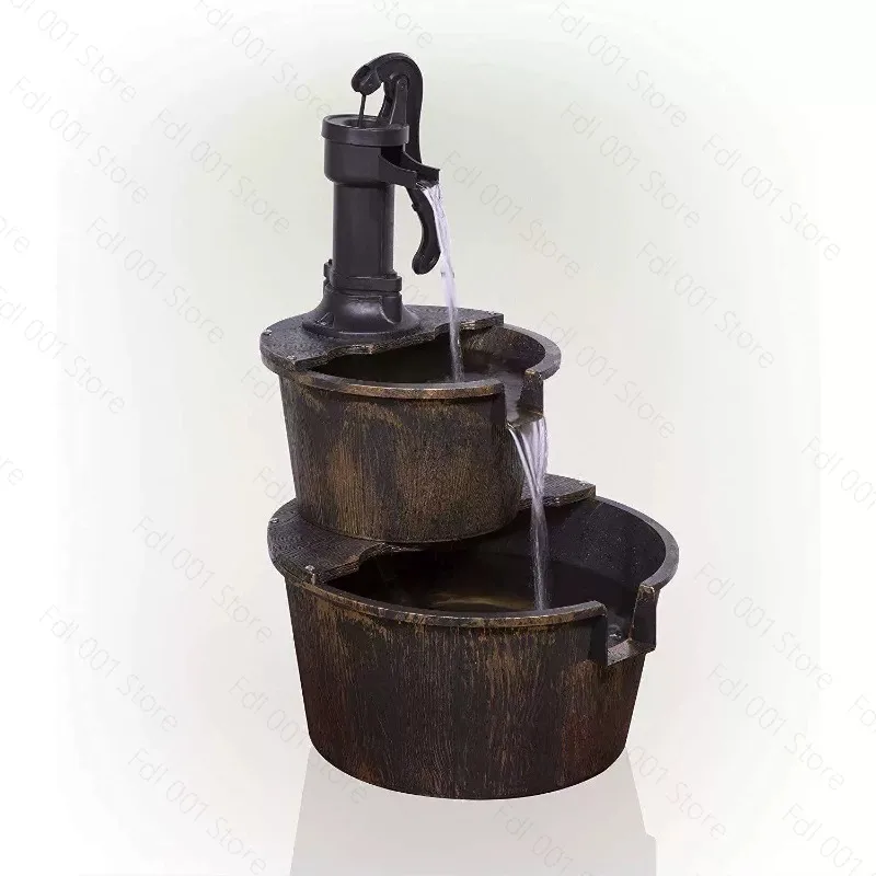 Solar Powered Double Tier Imitation Wood Barrel Fountain Outdoor Garden Landscape Water Feature
