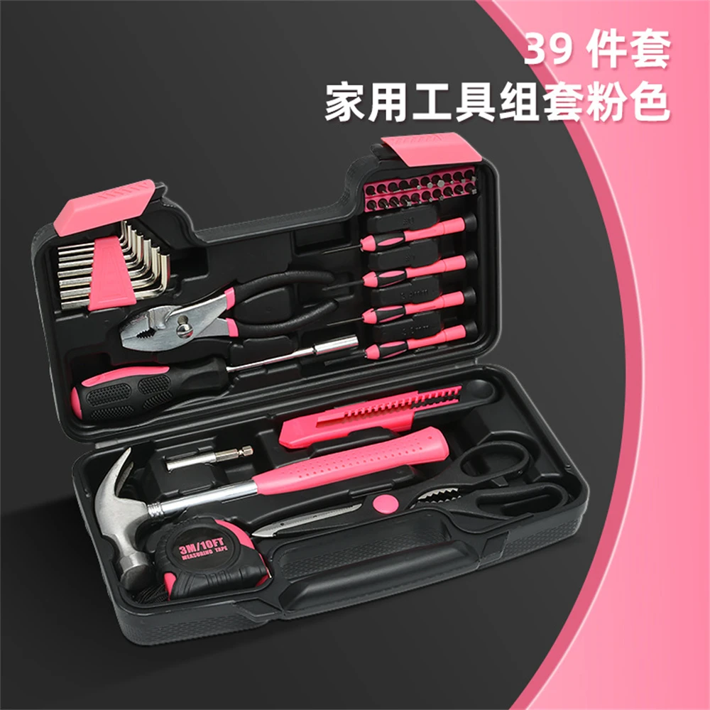 Pink 39 Piece Set of Combination Tools Set, Home Manual Repair Toolbox Pliers, Home Hardware Tools