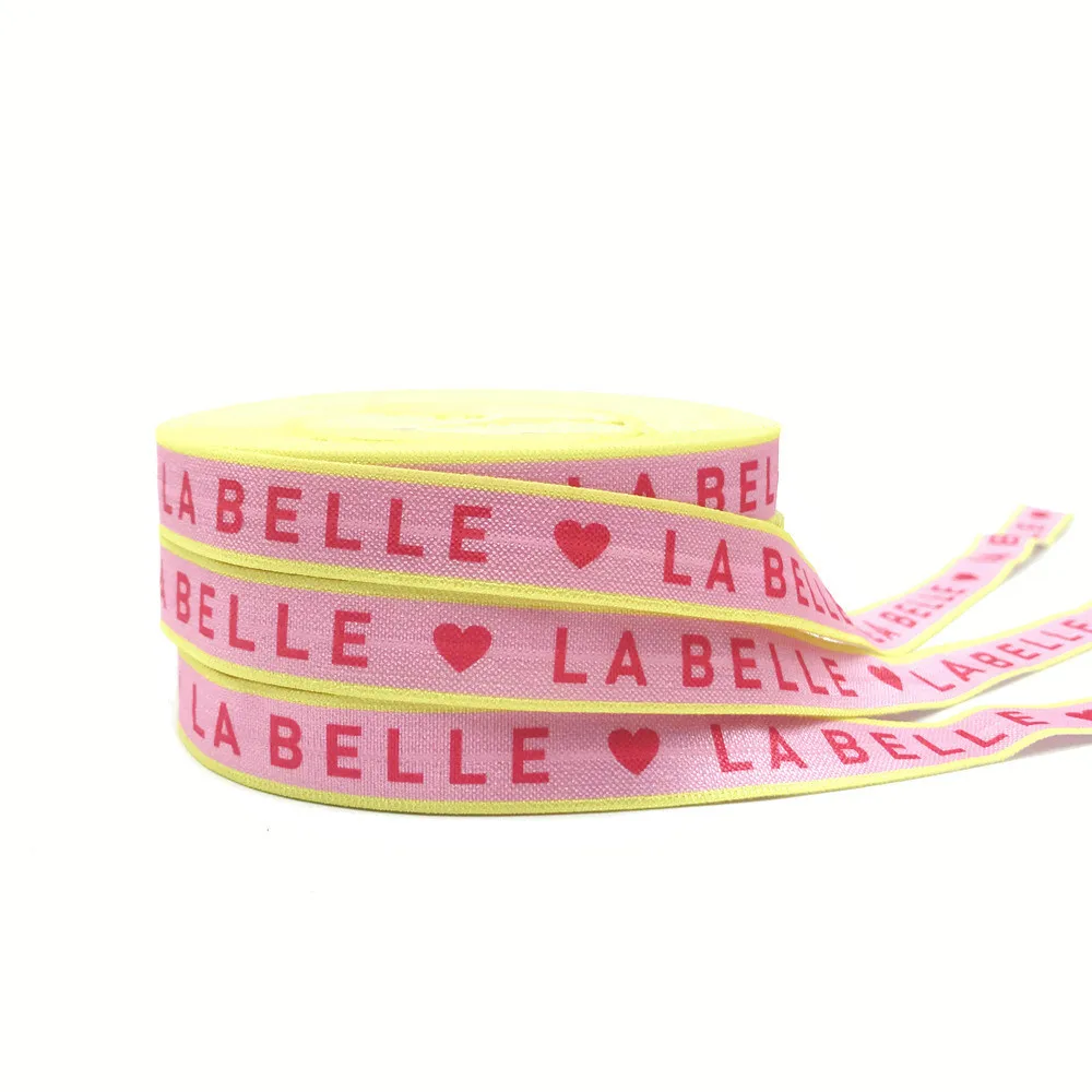 10Yard HAPPY LA BELLE Print Letters Fold Over Elastic 15MM FOE Ribbon For DIY Headwear Gift Webbing Accessories