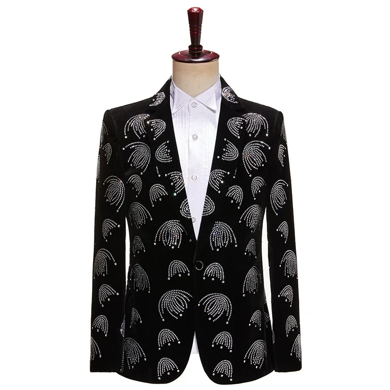 

Men's Black Velvet Hot Diamond Shining Nightclub Stage Walk Performance Suit Host Singer Blazers for Men