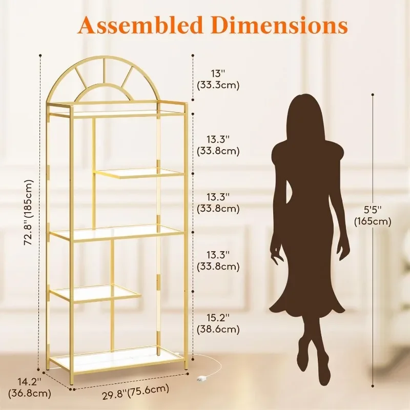 Arched Geometric Led Display Shelf w/Adjustable Color Temperature & Brightness Control, Bookshelf with Metal Frame & Glass Shelf