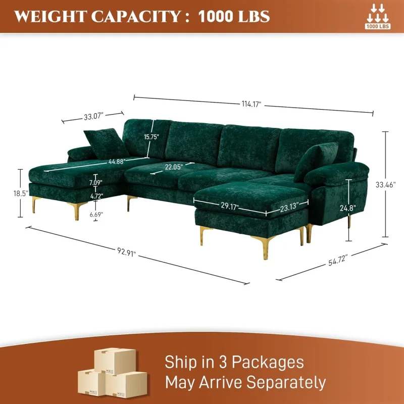 Sectional Sofa couch,4 Seat set for Living Room,Convertible L-Shaped Velvet with Chaise Lounge,114 inche