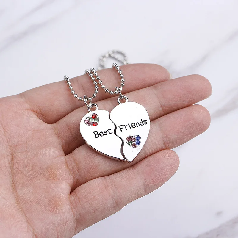 Trendy Best Friends Pendant Necklace for Women Full Rhinestone Love Heart Bff Friendship Pendants Necklaces Jewelry Accessories