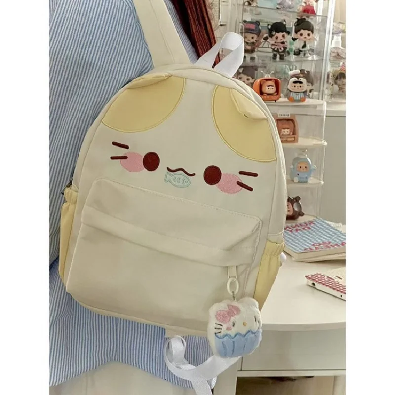 Women's Lovely Waterproof Nylon Backpack with Cartoon Cat Eat Fish Design Schoolbag for Girls with Stitch Detail Book Bag