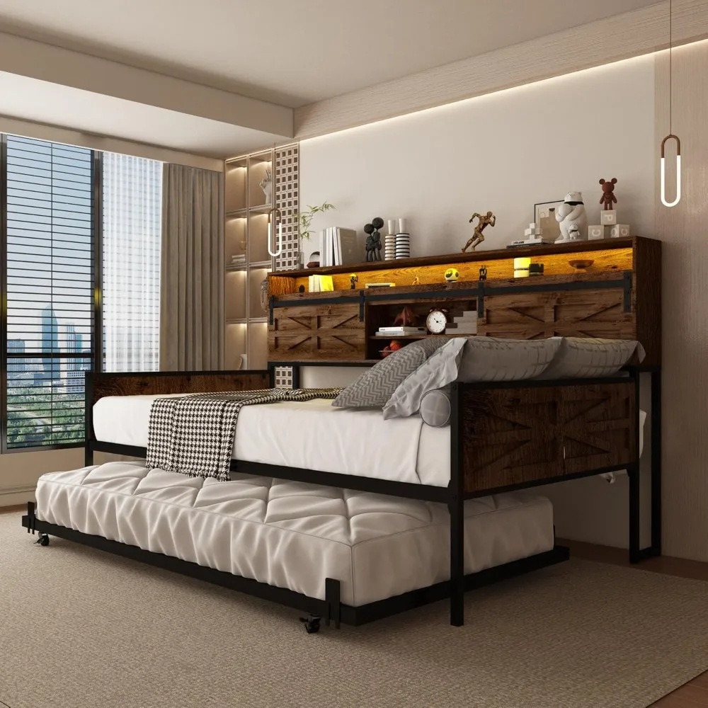 

with Trundle and LED Light, Farmhouse Twin Daybed Frame with Storage Headboard & Charging Station, Heavy Duty Metal Day B