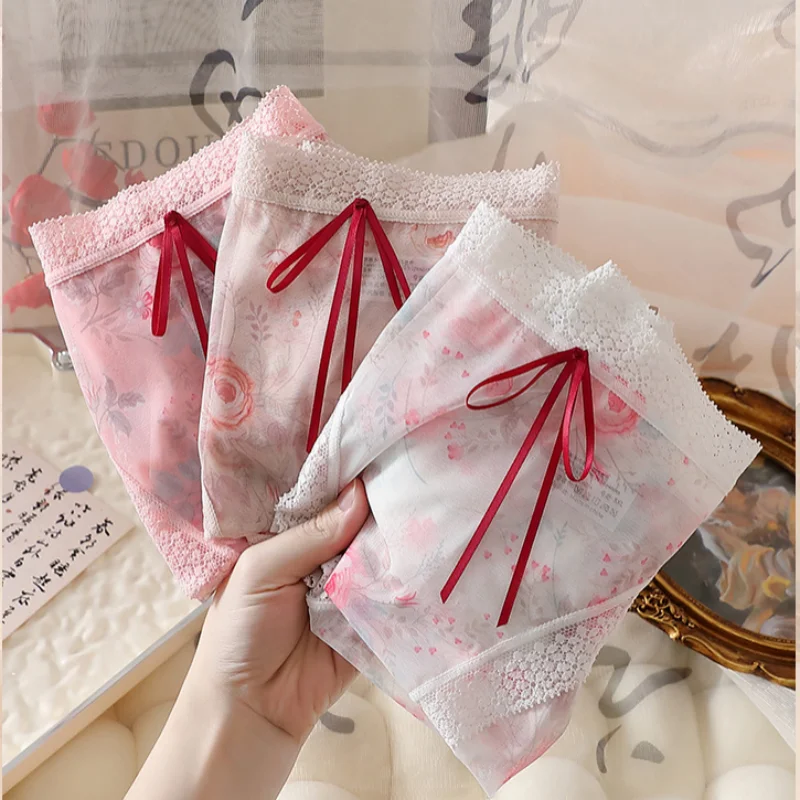 3PCS/Set Women\'s Panties Thin Floral Hazy Ancient Style Fairy Sexy Rose Mesh Transparent Plus Size 7XL Briefs Female Underpants