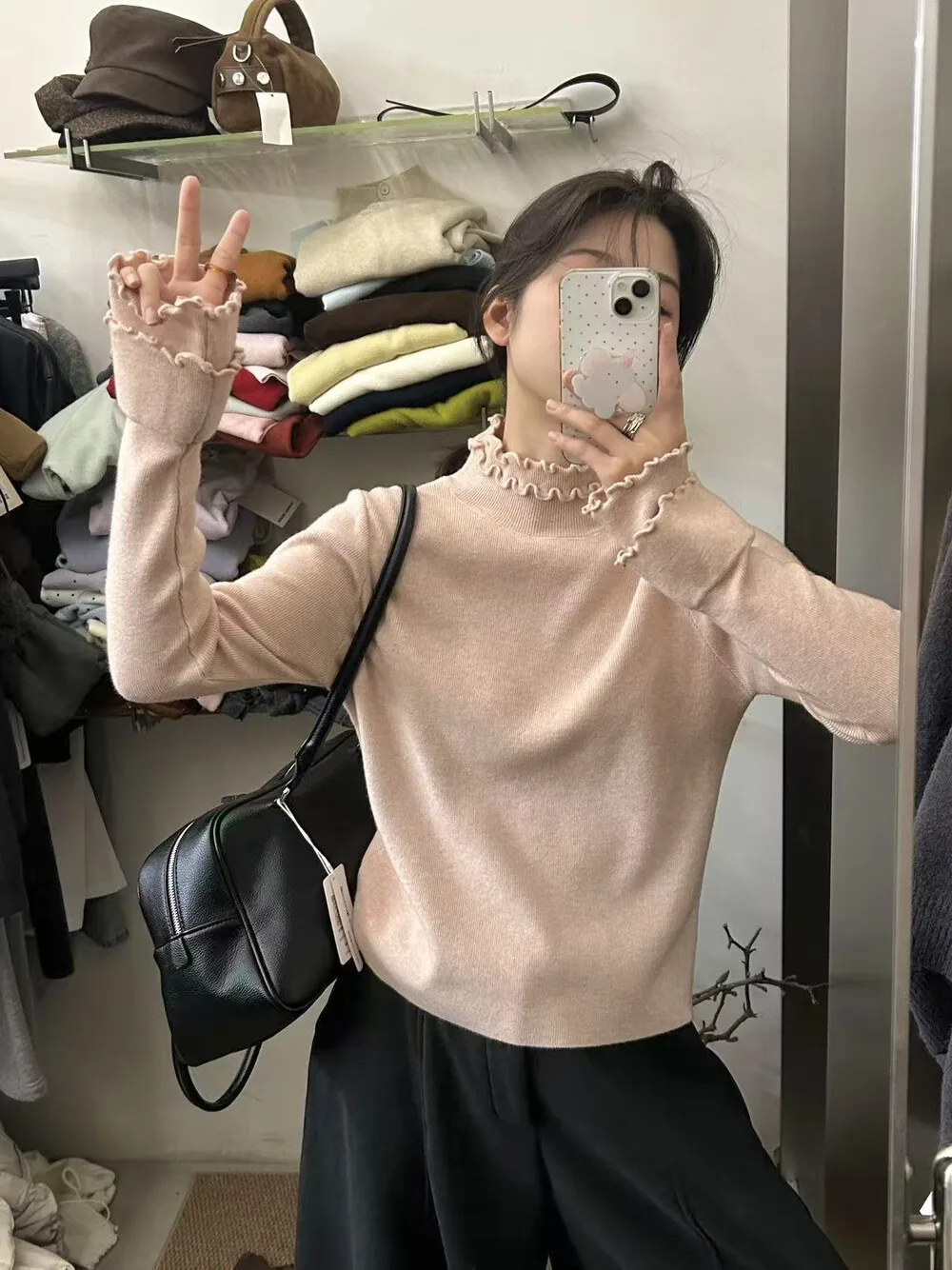 

Slimming High Collar Knitted Base irt Women's Inner Wear Double Layer Wooden Korean Sle Winter New Arrival Base irt