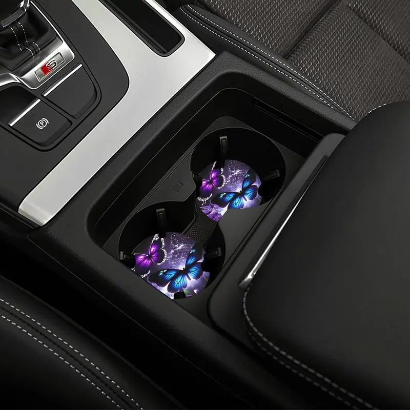 3Pcs Butterfly Print car Steering Wheel Cover and coaster, cartoon style, 1 Universal Steering Wheel Cover + 2 Coasters Set