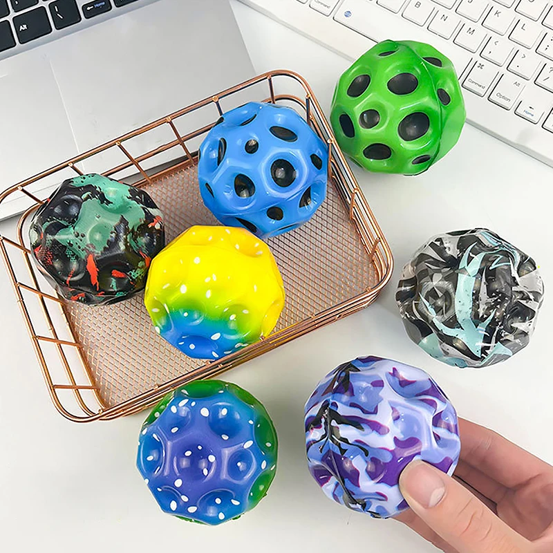 Useful Hole Galaxy Soft Bouncy Ball Anti-fall Moon Shape Porous Bouncy Ball Popping Sensory Fidget Toy Adult Kids Stress Relief