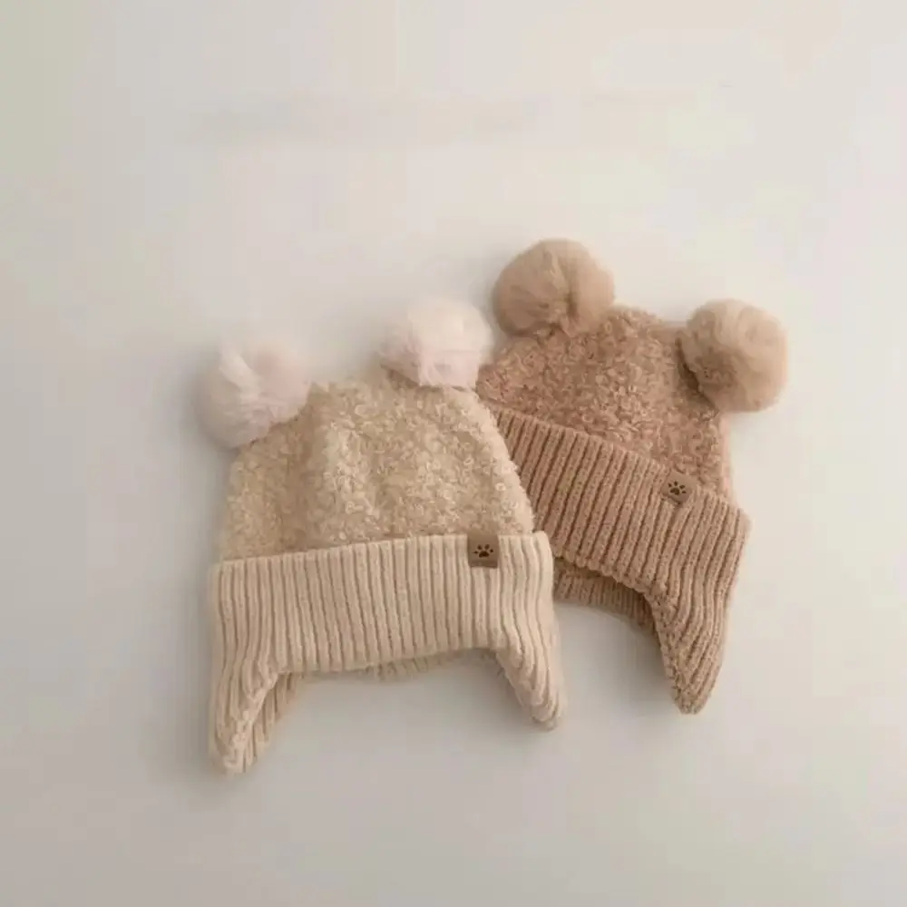 ダブルポンポン ダブルヘアボール ベビーハット ニット 暖かいポンポンハット 無地 防風ビーニーキャップ 男の子用