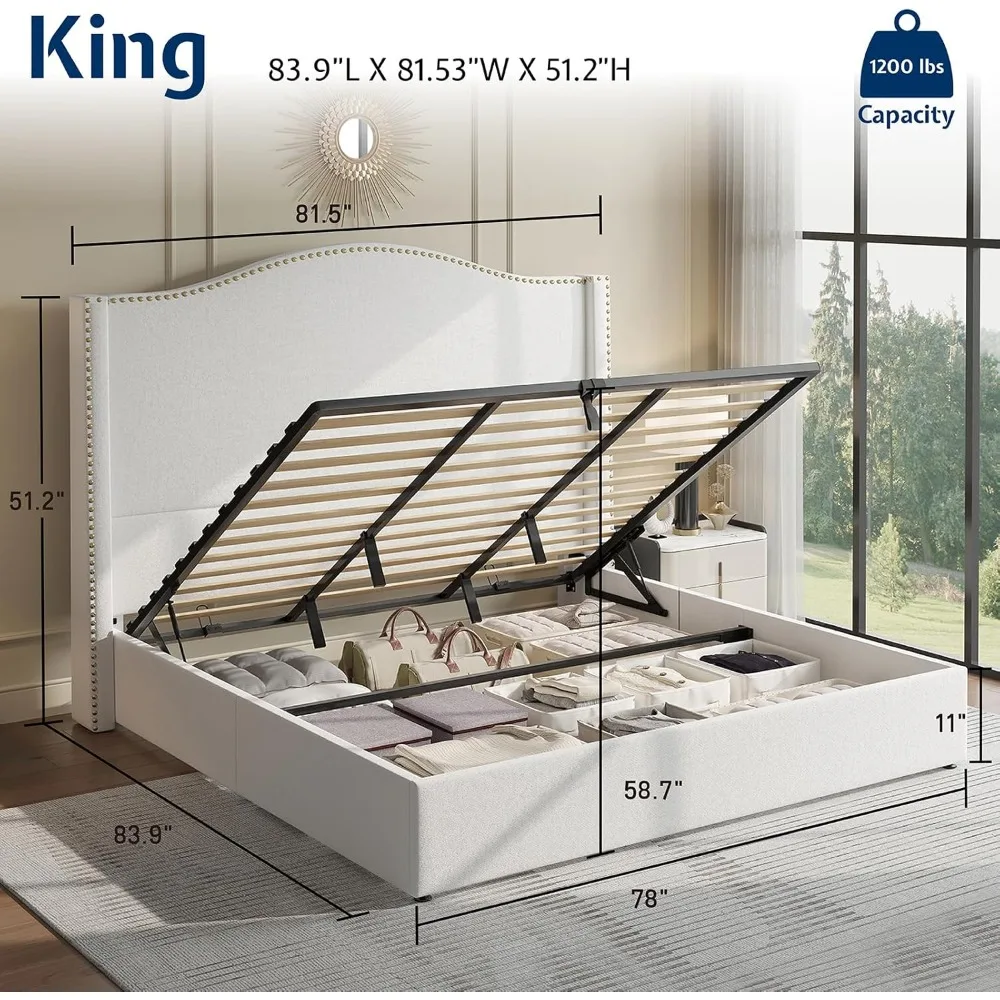 Upholstered Platform Bed Frame Tall Headboard with Wingback, Hydraulic Lifting Underneath/Wood Slats Support