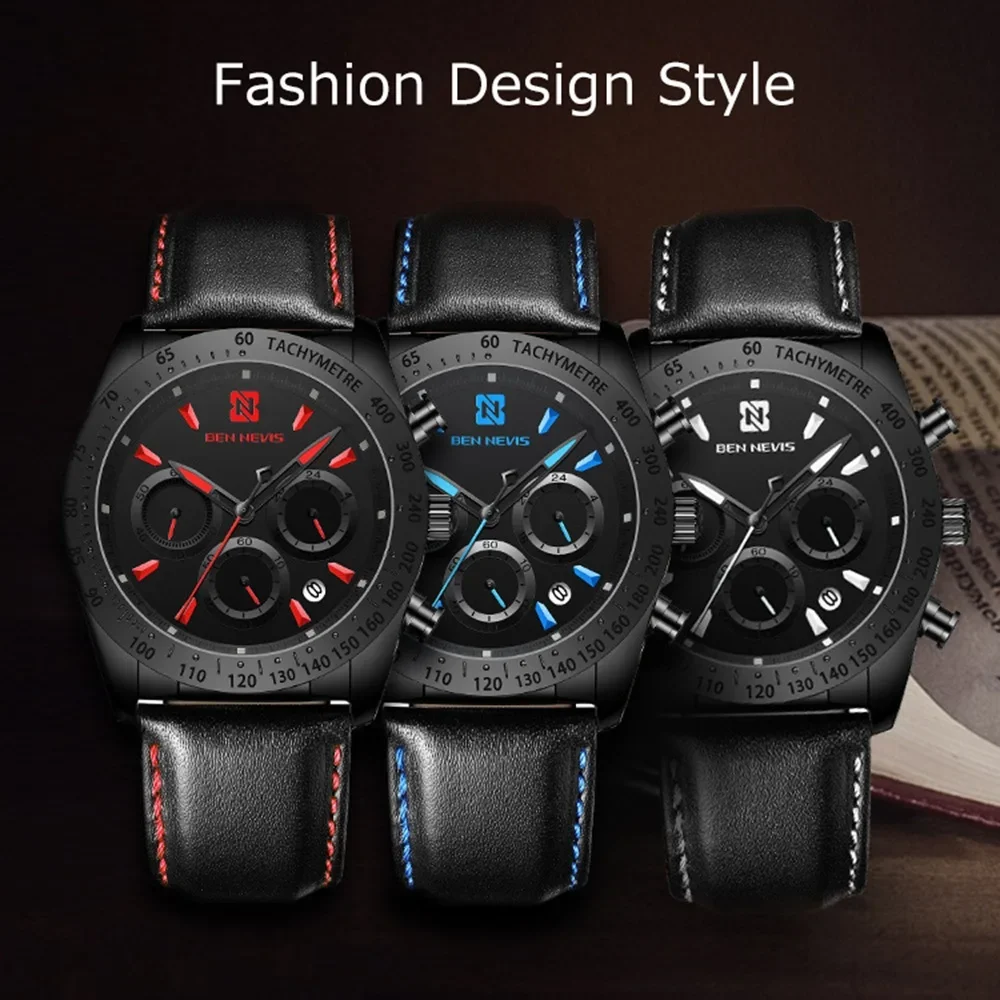 40mm Men Sports Quartz Watch Leather Strap Wristwatch Install Quartz Movement Luxury 30M Diving Men Wristwatch