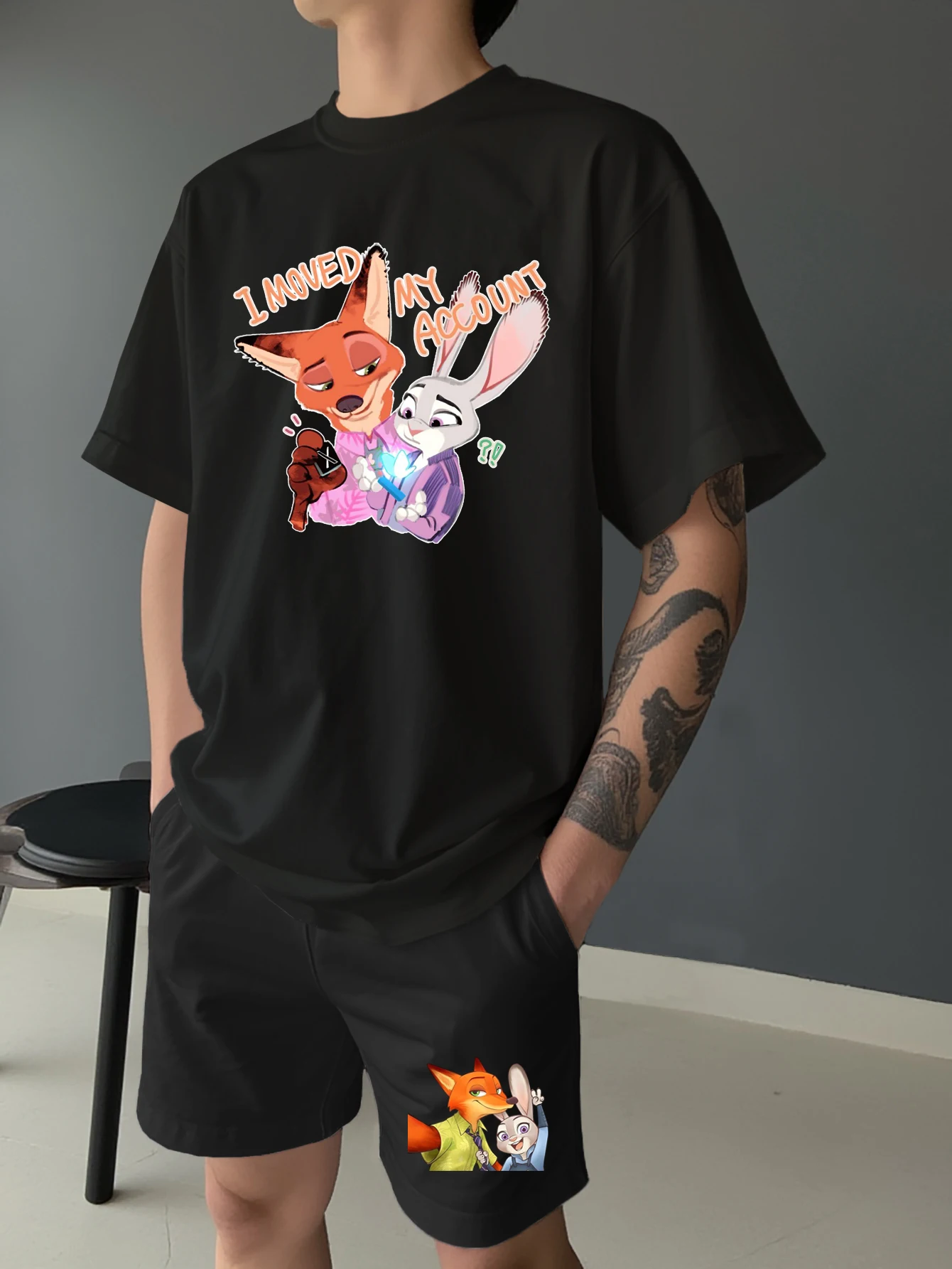 

2-Piece Zootopia Print Men's T-Shirt and Shorts Set Summer Casual Cute Cartoon Short-Sleeve Top Men's Y2K Fashion T-Shirt