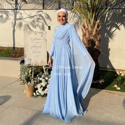 Qanz Muslim Evening Gown Blue Long A-Line Chiffon Beading Dubai Arabic Wedding Party Dress Długie Suknie Wieczorowe Customized