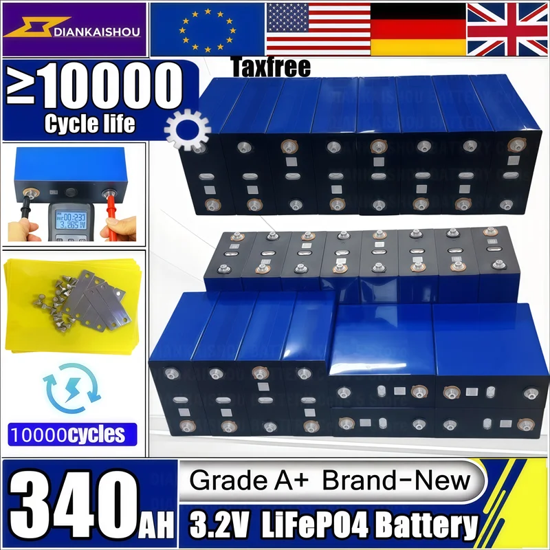 

A-Grade 340Ah 10000 cycle LiFePO4 3.2V rechargeable battery suitable for DIY 12V 24V RV electric vehicle solar system Tax Free
