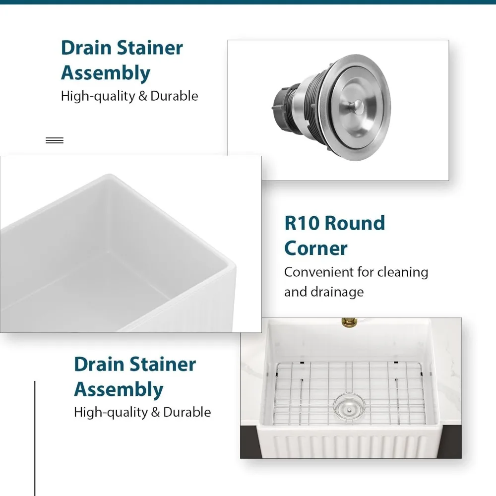 Tablier d'argile de feu blanc de 24 pouces de profondeur, évier de cuisine de ferme à cuvette unique avec conception de Style fermier en céramique