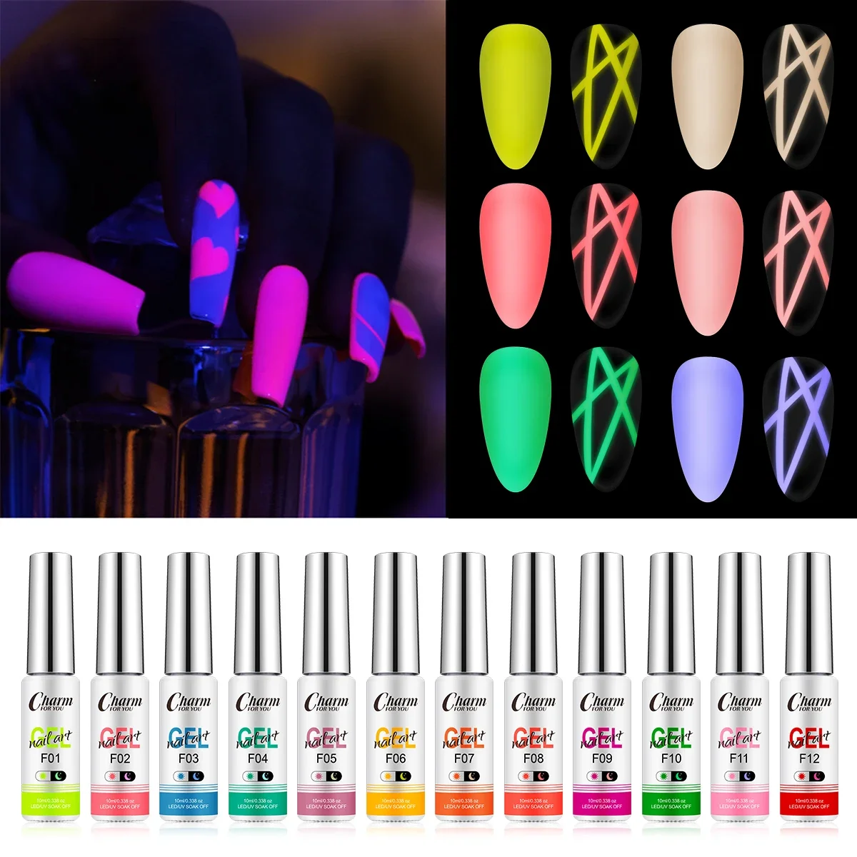 

12PCS/SET Glow In Dark Painting Gel Nail Polish Liner Art Gel Soak Off LED UV Varnish 10ml Luminous Neon Fluorescent Nail Art