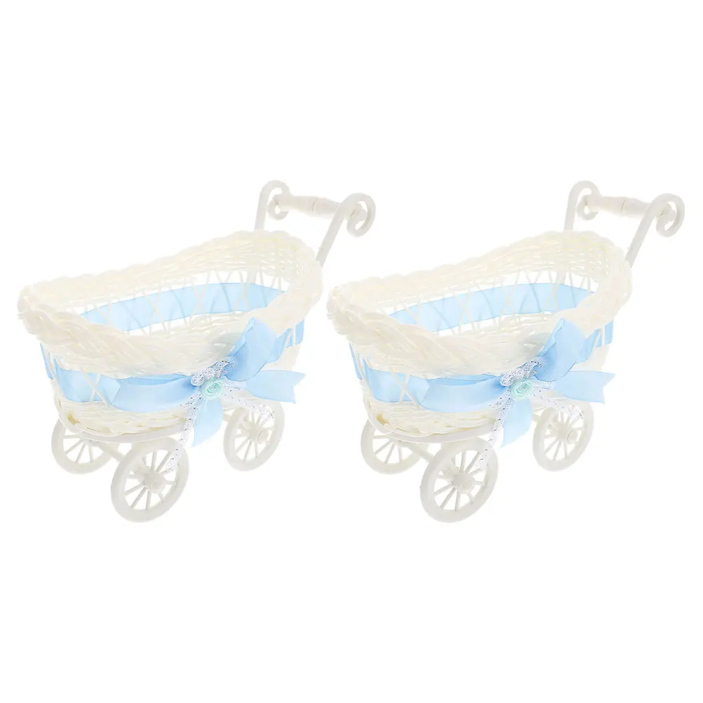 

2Pcs Blue Rattan Weaved Stroller Carts Decorative Candy Storage for Party Favor Gifts Home Decor Baby Shower