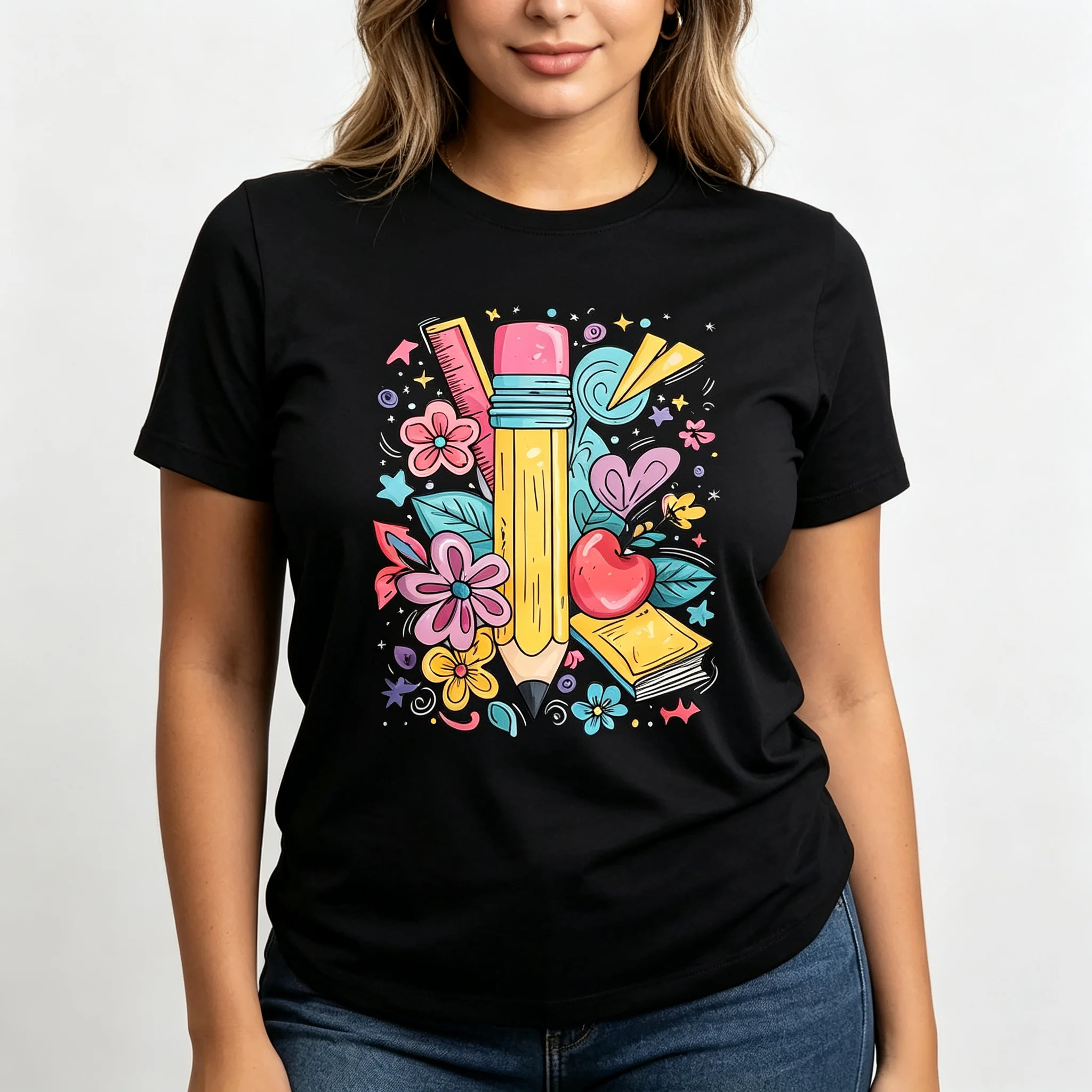 Cotton  100% Women Teacher Pencil Apple Book Graphic T‑Shirt Casual O‑Neck Short Sleeve Tee Fashion Back To School Streetwear