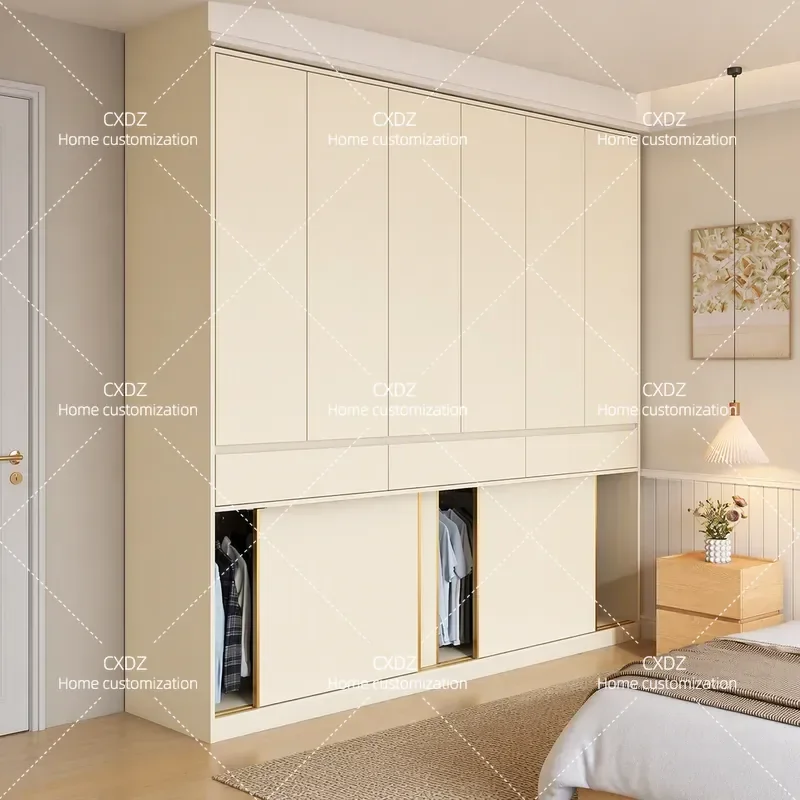 Cream White Sliding Door Wardrobe Oak Finish Floor to Ceiling Segmented Casement Integrated Bedroom Cabinet for Home Storage