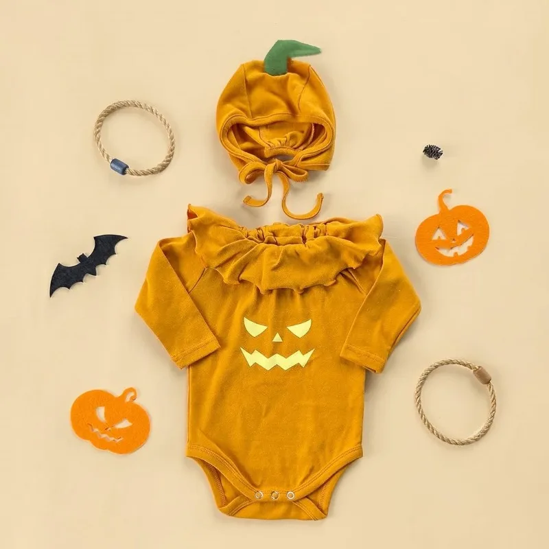 

Halloween Pumpkin Costume Onesie Baby Girl Clothes Bodysuit Ruffle Collar Print Infant Boys Romper Cute Festival Toddler Outfits