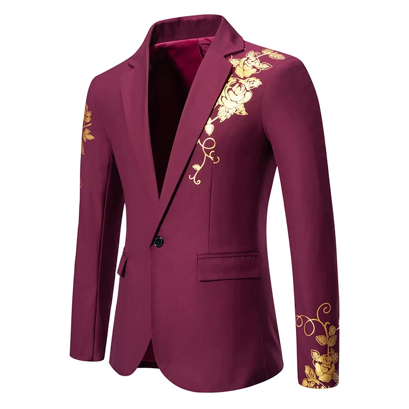 Men's Gold Paisley Print Wine Red Dress Blazer Elegant Gentleman Wedding Tuxedo Suit Coat Fashion Party Dinner Banquet Clothing