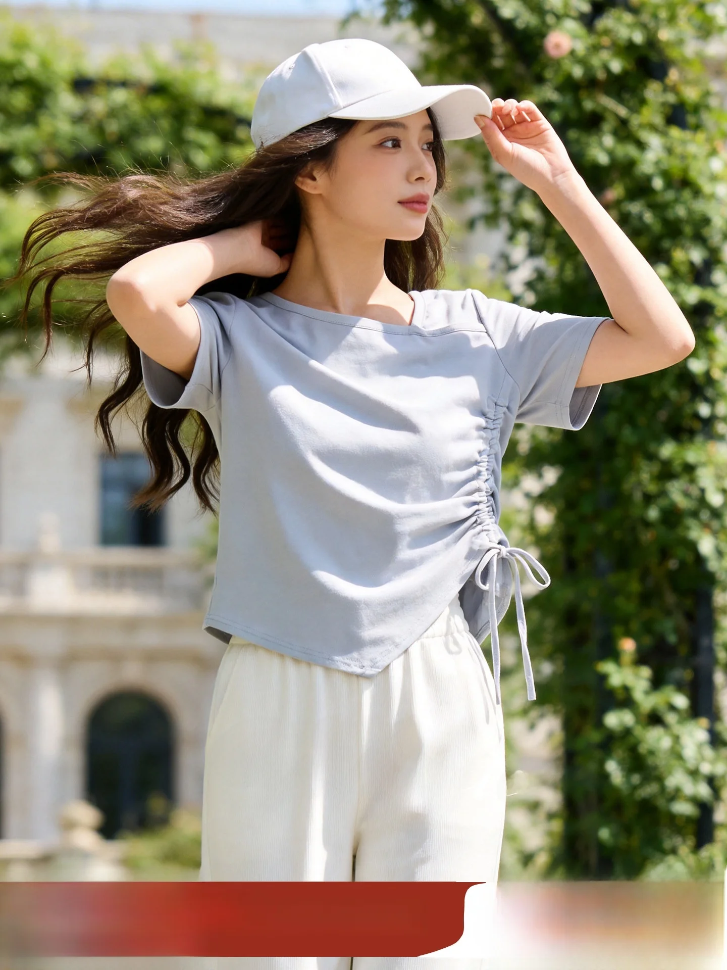 

plus Size Women's T-Shirt Summer New Style Drawstring Square Collar Uneven Slimming Meat Covering Cotton Polyester Blend Shor...