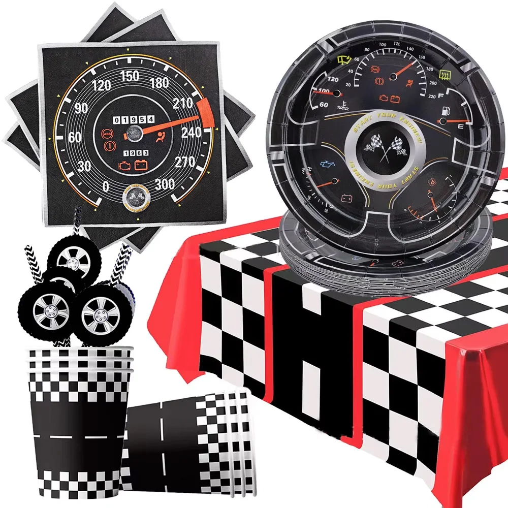 Suministros para fiestas temáticas de coches de carreras, vajilla desechable con patrón de tablero, platos de papel, vasos, servilletas, recuerdo para niños, decoración de fiesta de cumpleaños