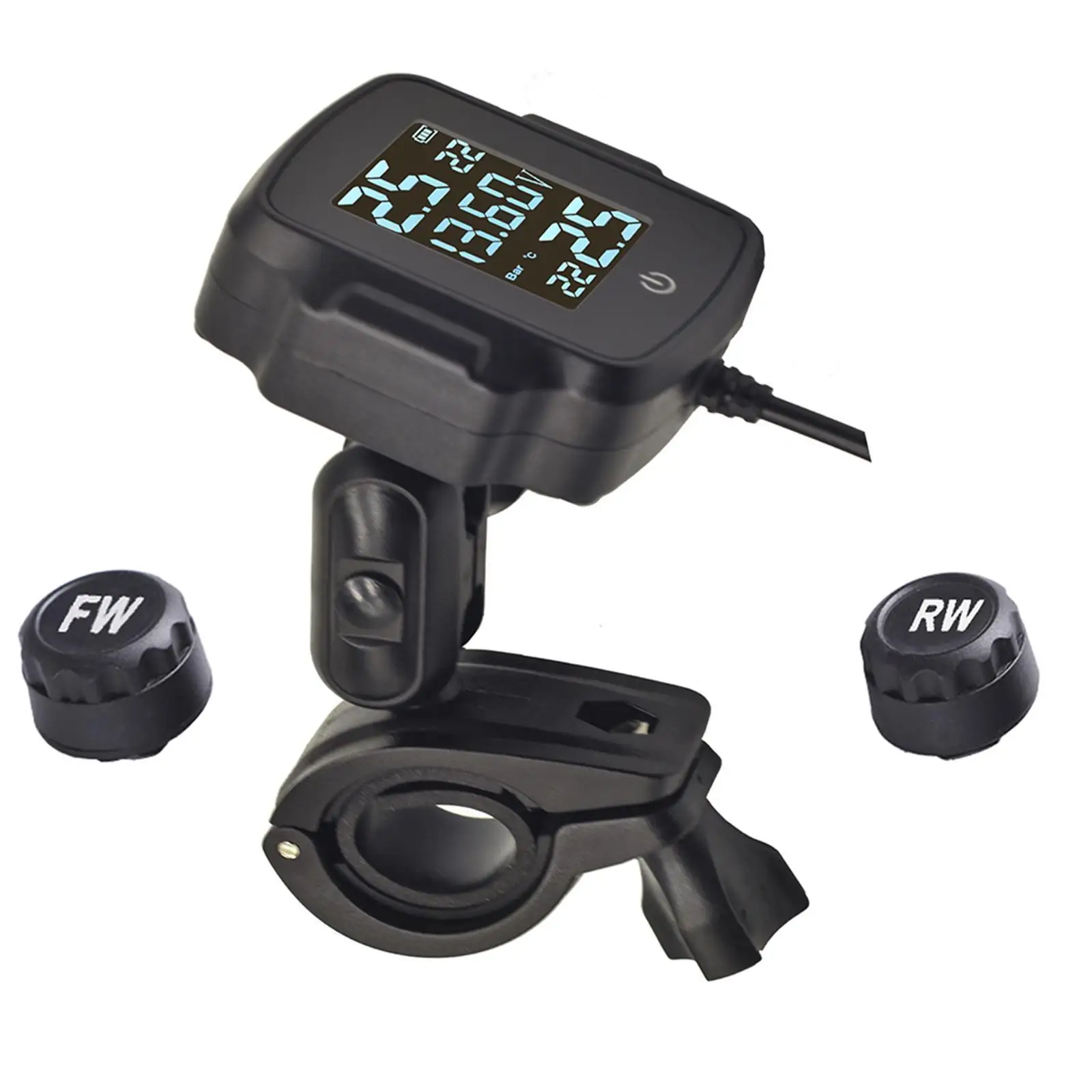 Sistema de monitorização da pressão dos pneus (TPMS) para motociclos, com indicações visuais e sonoras, acessórios profissionais, ecrã LCD.