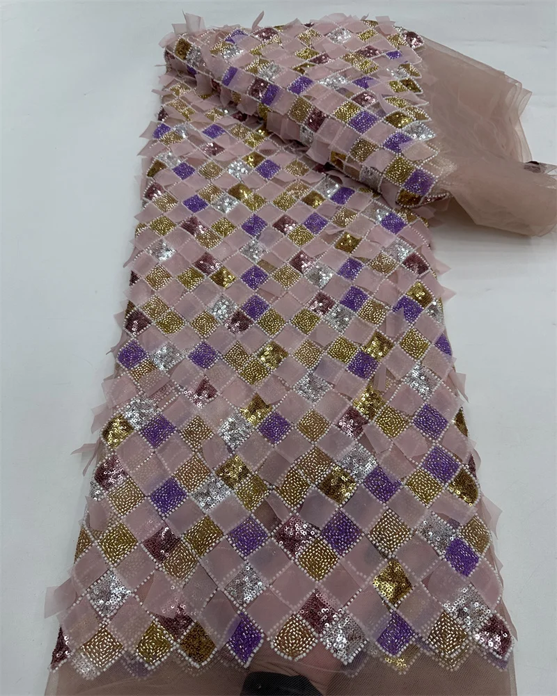 3D Sequins Embroidery Beads Net Lace Fabric Colorful Beaded Sequence Heavy Net Lace African Women Wedding Dress Material