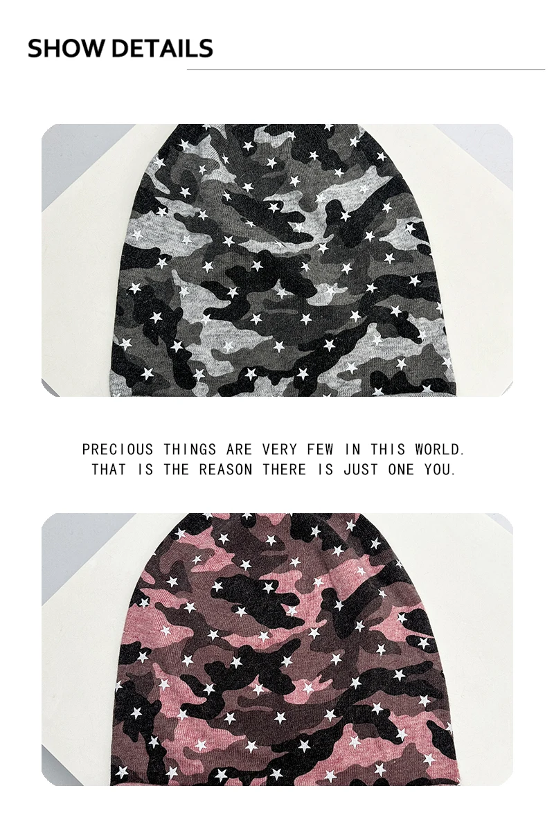Neue Herren- und Damenmützen in Camouflage-Farben mit Sternen, locker gestrickt, warm, im amerikanischen Retro-Stil, vielseitige Outdoor-Beanies für den Alltag. – Detail 3