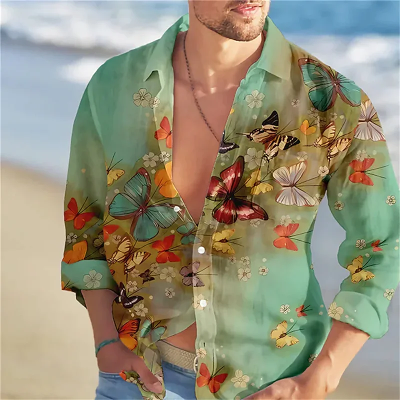 Trend Fashion Shirts Hawaiian Shirts Butterfly Printed Long Sleeved Single-breasted Clothing Men's Street Versatile Design Top