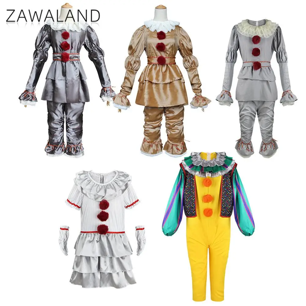 

Zawaland Halloween IT Moive Costume Ruffled Collar Clown Costume Killer Clown Jumpsuit Stephen King Horror Cosplay Party Outfit