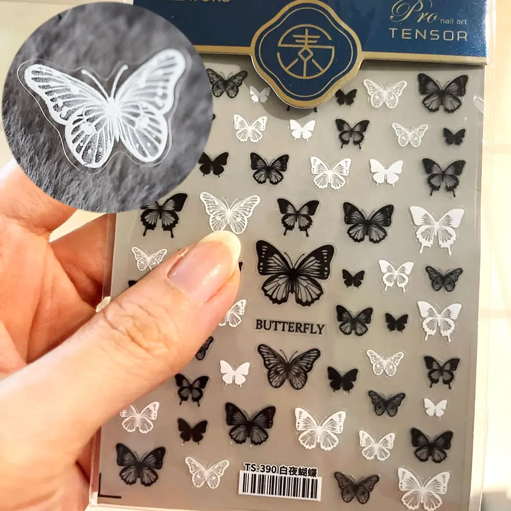 1 pz 5D Nero/Bianco Farfalla Nail Art Sticker Elegante Design Del Merletto Decalcomanie Per Unghie 8*10 cm Autoadesiva Manicure Farfalle Nail De