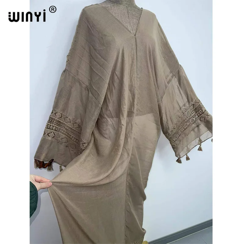 Europe 2022 WINYI V-neck elegant kaftan Women tassel  Long Loose robe femme free size Middle East Female Holiday long dress