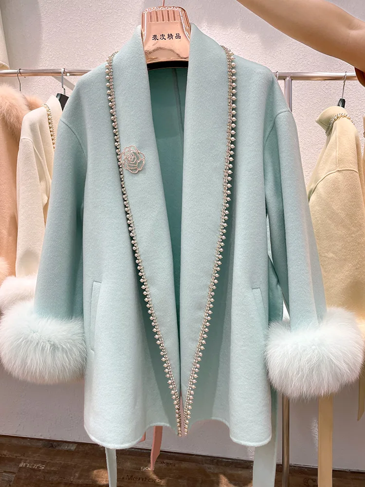 ZDFURS*Reversible Cashmere Coat Women's Mid-Length Pearl Rhinestone Heavy Industry Fox Fur Cuff Woolen Coat Coat