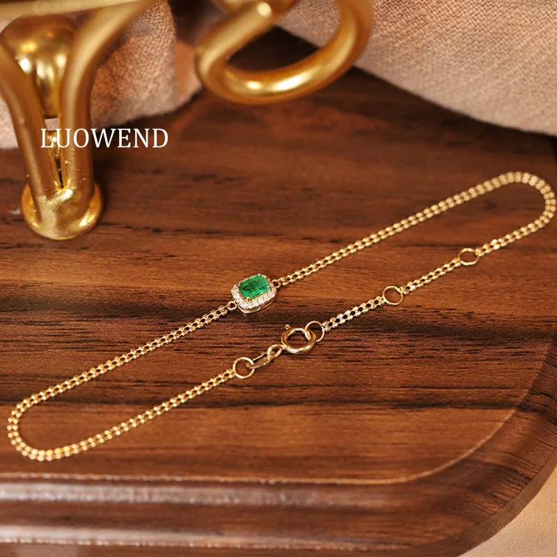 LUOWEND 100% 18K Yellow Gold Bracelet Elegant Style Shiny Diamond Natural Emerald Bracelet for Women High Party Jewelry