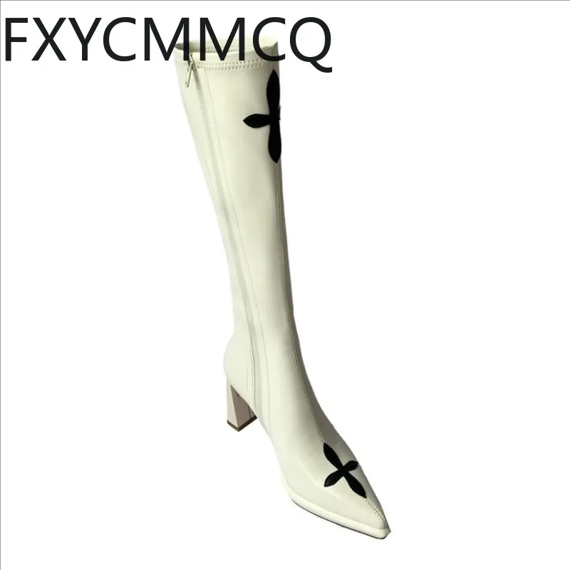 

FXYCMMCQ Winter Women's High-heeled Pointed Thigh-high Boots Size 33-40 Knee-length Color Matching Korean Fashion Boots A710-3