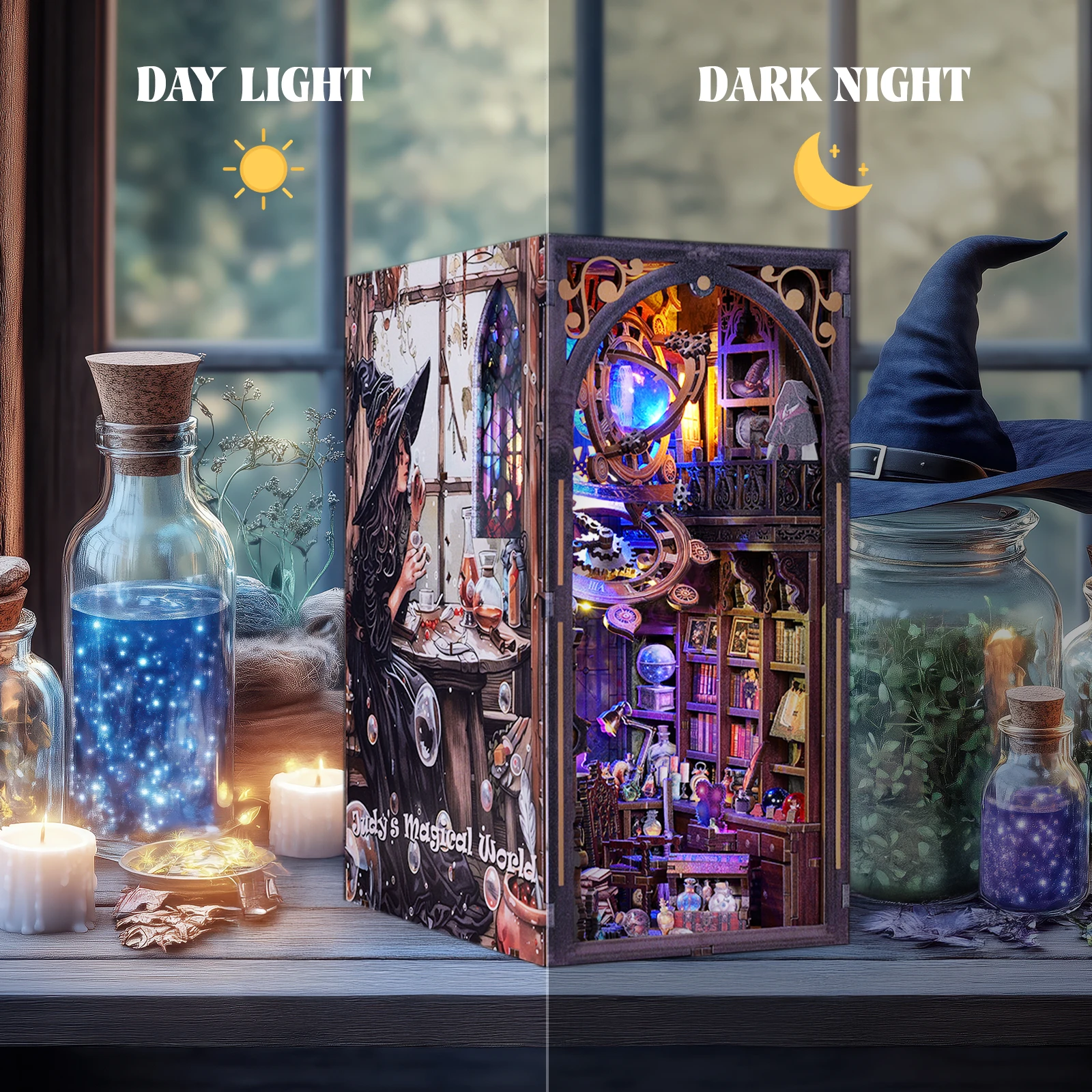 DIY Boekenhoekje Houten Miniatuur Model Kits Judy's Magische Wereld Boekensteun 3D Puzzel met LED Licht voor Vrienden Verjaardagscadeautjes