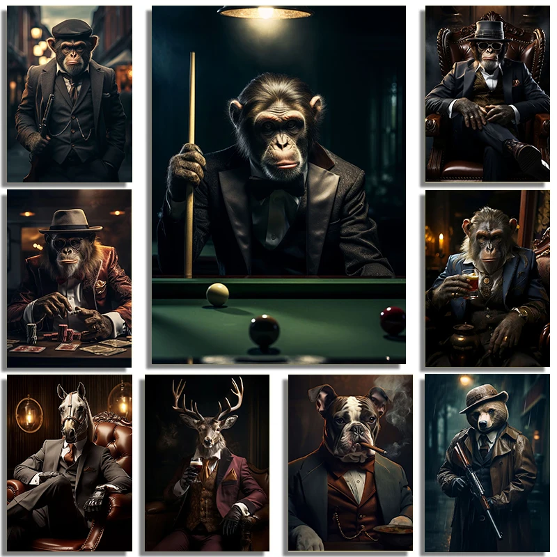 Funny Animal Monkeys Playing Poker Poster Gorilla Smoking Bear Lion Deer Prints Canvas Painting Wall Art Picture Room Home Decor