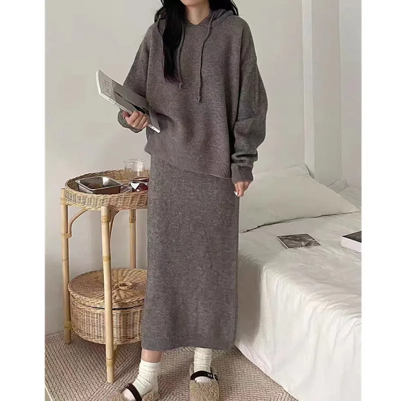 Autumn Winter Hooded Knitwear Loose Two Piece Outfits Sweate Women Korean Harajuku Style Casual Knitted Tops and Long Skirt Suit