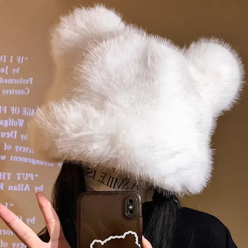 New Retro Cute Cat Ear Plush Hat Winter Cold Proof Thick Warm Hood Simple Solid Color Fashionable Cold Warm Ear Protection Hat