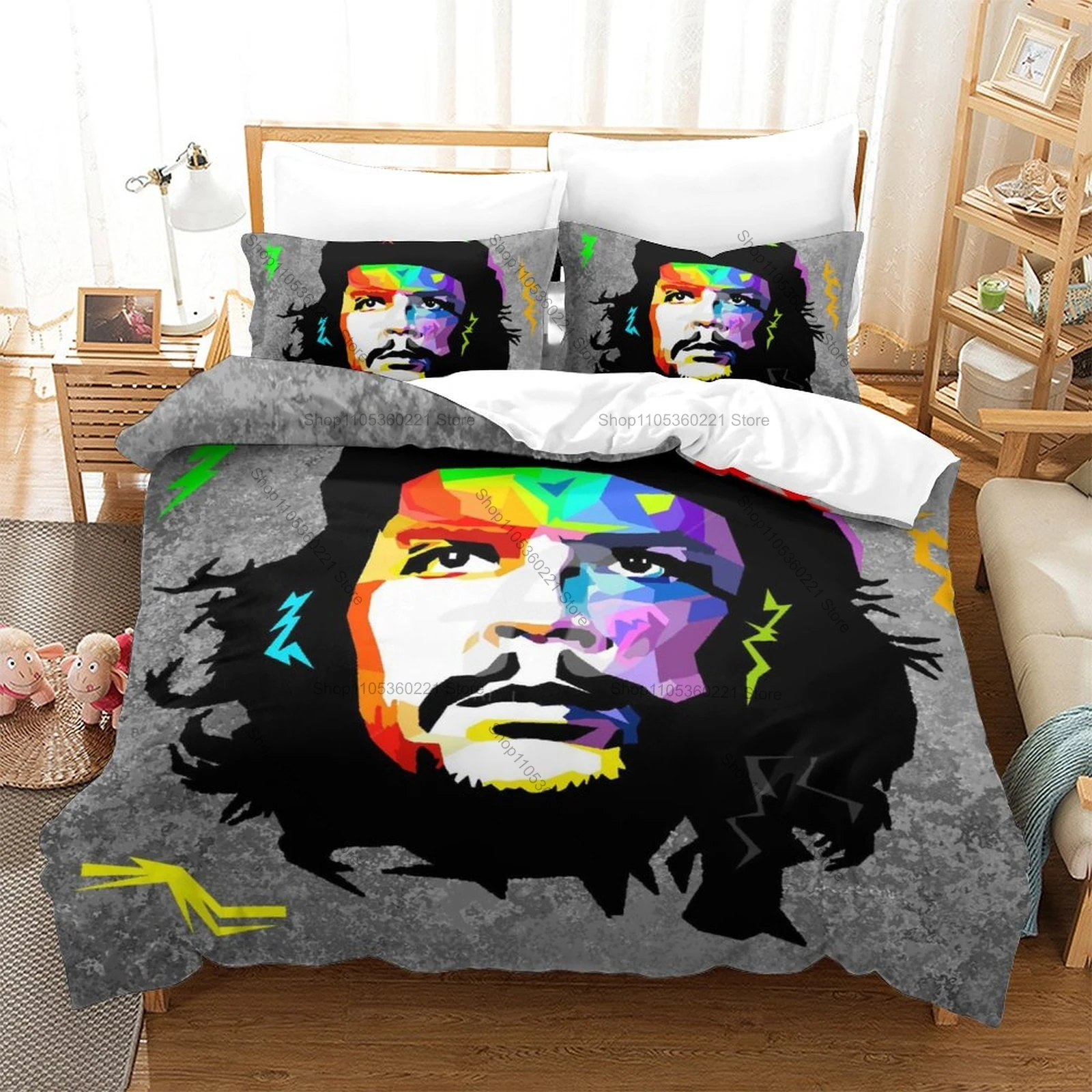 Cool Vintage Ernesto Che Guevara Minimal Art HD 3 Piece Bedding Set Microfiber Duvet Cover + 2 Pillowcases History Lovers Home G
