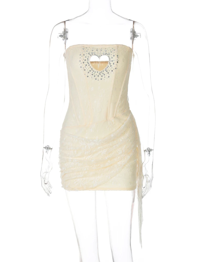 Femme vêtements strass coeur aimant découpé robe de soirée Chic bretelles hors épaule pansement courte robes de soirée robe de Club