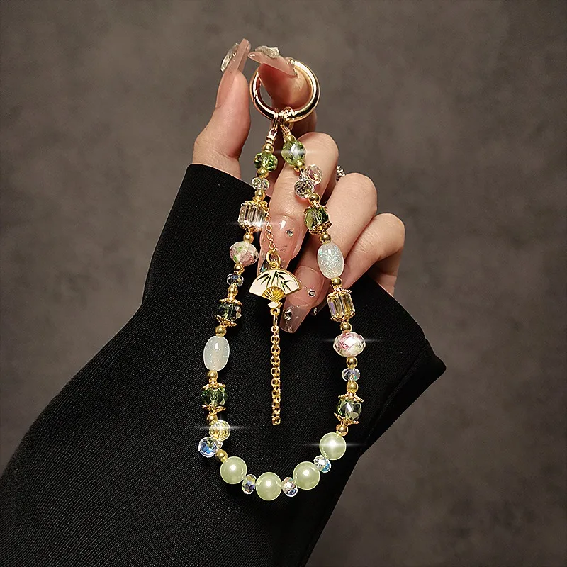 Retro Chinese Fan Tassel Mobile Phone Chain Short Wrist Portable Chain Crystal Beaded Hanging Chain Mobile Phone Case Hanging De